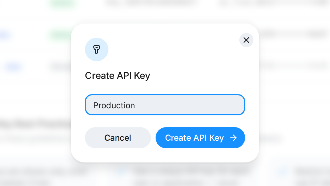 Create API Key dialog with the key name Production entered